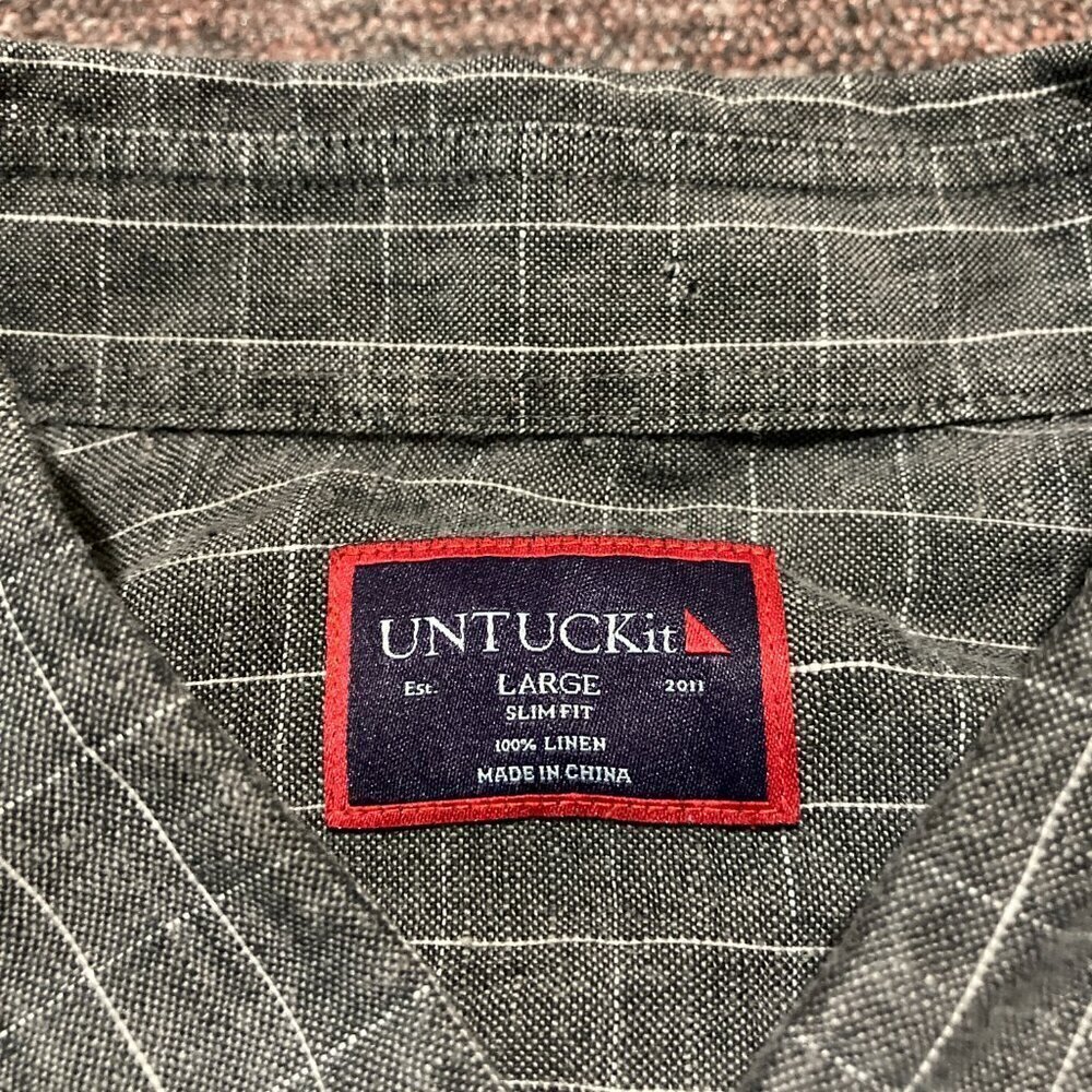 UNTUCKit Shirt Men's Large Slim Fit 100% Linen Gray Long Sleeve Button Plaid - Picture 3 of 8